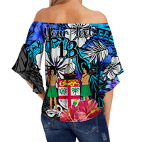(Custom Text and Number) Fiji Tie Dye Off Shoulder Waist Wrap Top Polynesian Blue Tribal Creative Tropical Flowers LT13 - Polynesian Pride