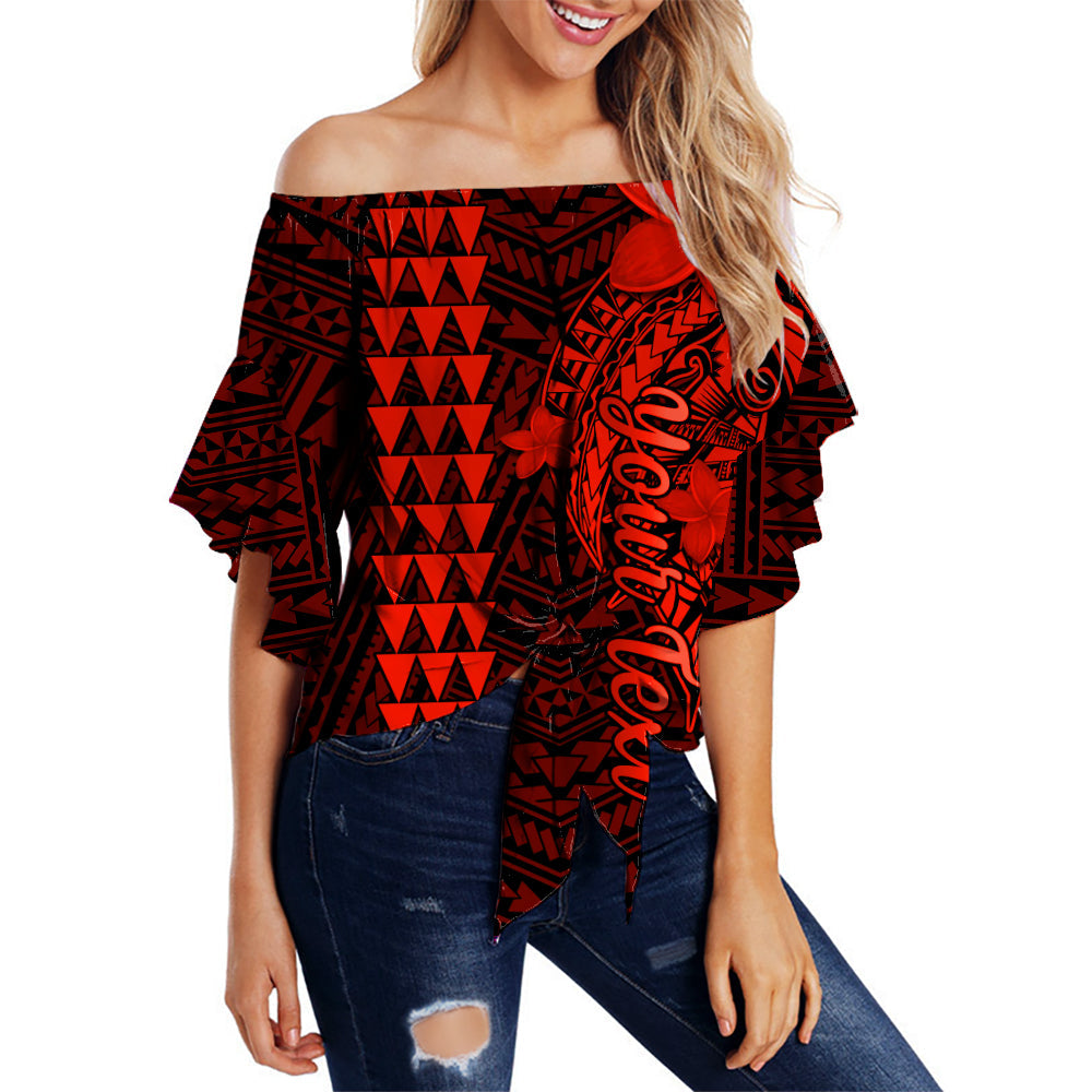 (Custom Personalised) Hawaii Off Shoulder Waist Wrap Top Kakau Kanaka Maoli Combine Polynesian Shark Ver.06 LT14 Women Red - Polynesian Pride