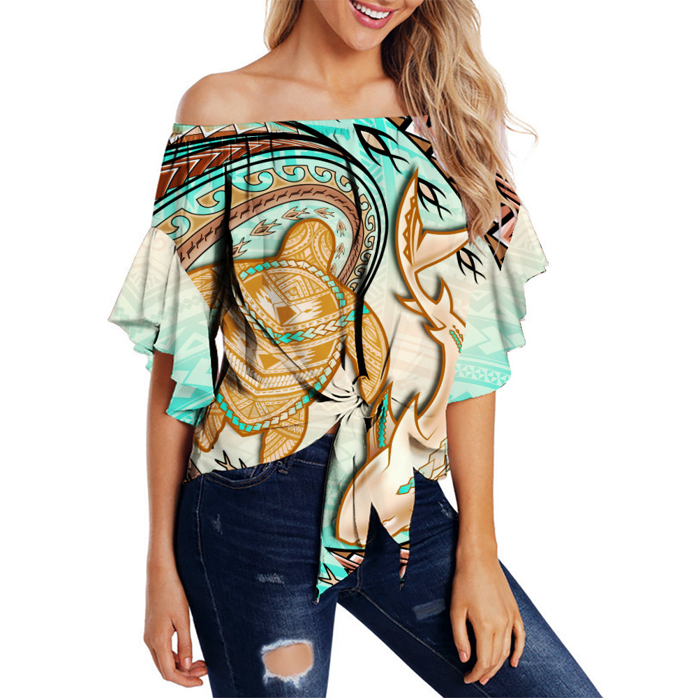 Hawaii Off Shoulder Waist Wrap Top Polynesian Shark And Sea Turtle Dreamy Turquoise Artsy LT14 Women Turquoise - Polynesian Pride