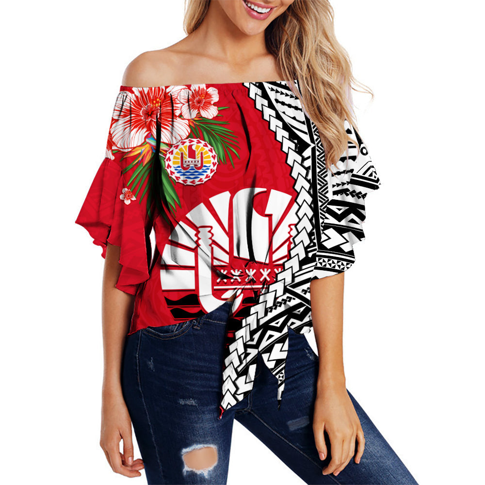 Tahiti Islands Off Shoulder Wrap Waist Top Polynesian Shark Mix Tropical Flowers LT14 Women Red - Polynesian Pride