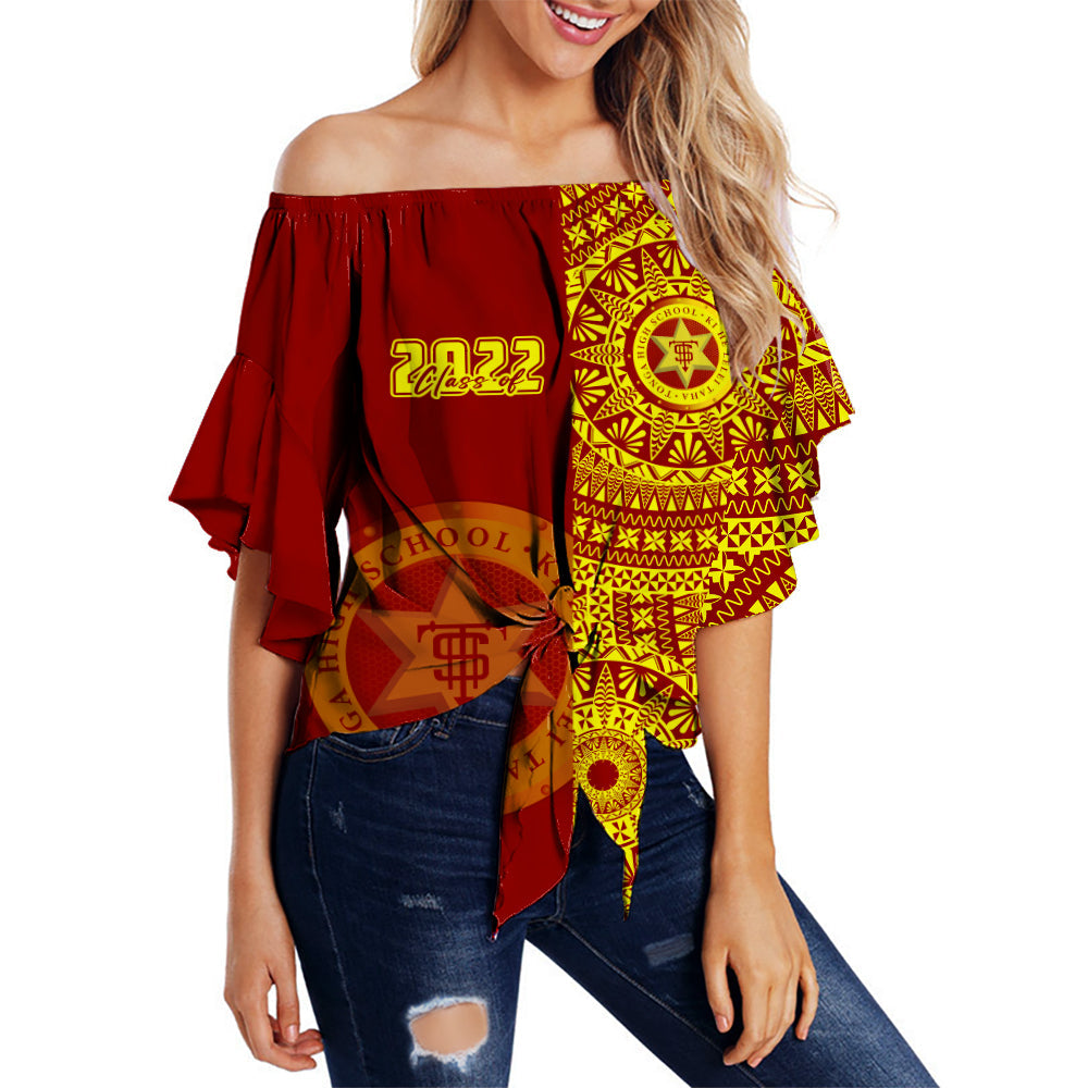 (Custom Text And Number) Tonga High School Off Shoulder Waist Wrap Top Class Of Year Tongan Ngatu Pattern LT14 Women Red - Polynesian Pride