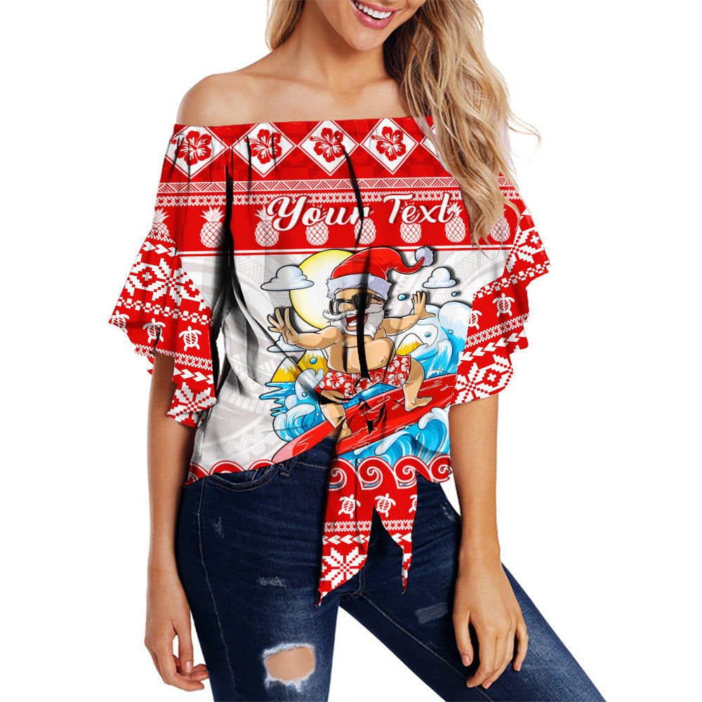 Custom Personalised Hawaii Christmas Off Shoulder Waist Wrap Top Surfing Santa Mele Kalikimaka Polynesian LT14 Women Red - Polynesian Pride