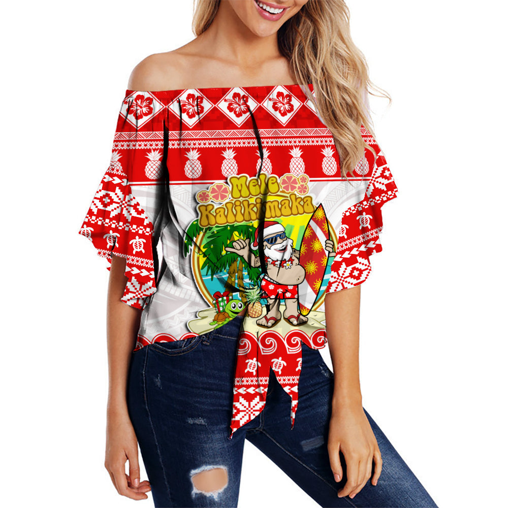 Hawaii Christmas Off Shoulder Waist Wrap Top Kanaka Polynesian Santa Claus Mele Kalikimaka LT14 Women Red - Polynesian Pride