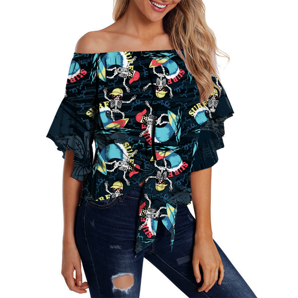 Hawaii Skeleton Surf Off Shoulder Waist Wrap Top Halloween Hawaiian Tribal LT13 Women Black - Polynesian Pride