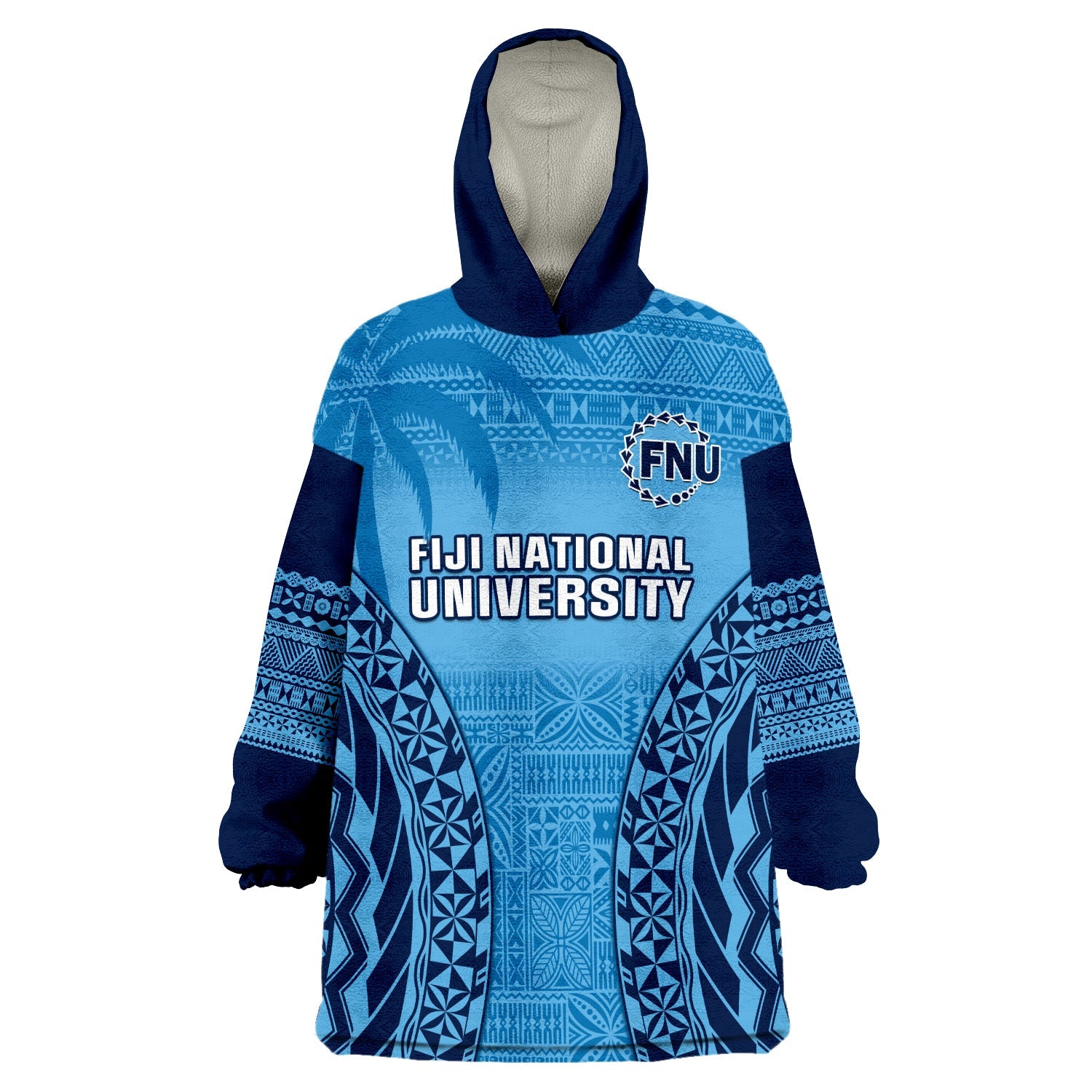 (Custom Personalised) Fiji University Wearable Blanket Hoodie National Fijian Tapa Pattern Blue LT14 Unisex One Size - Polynesian Pride