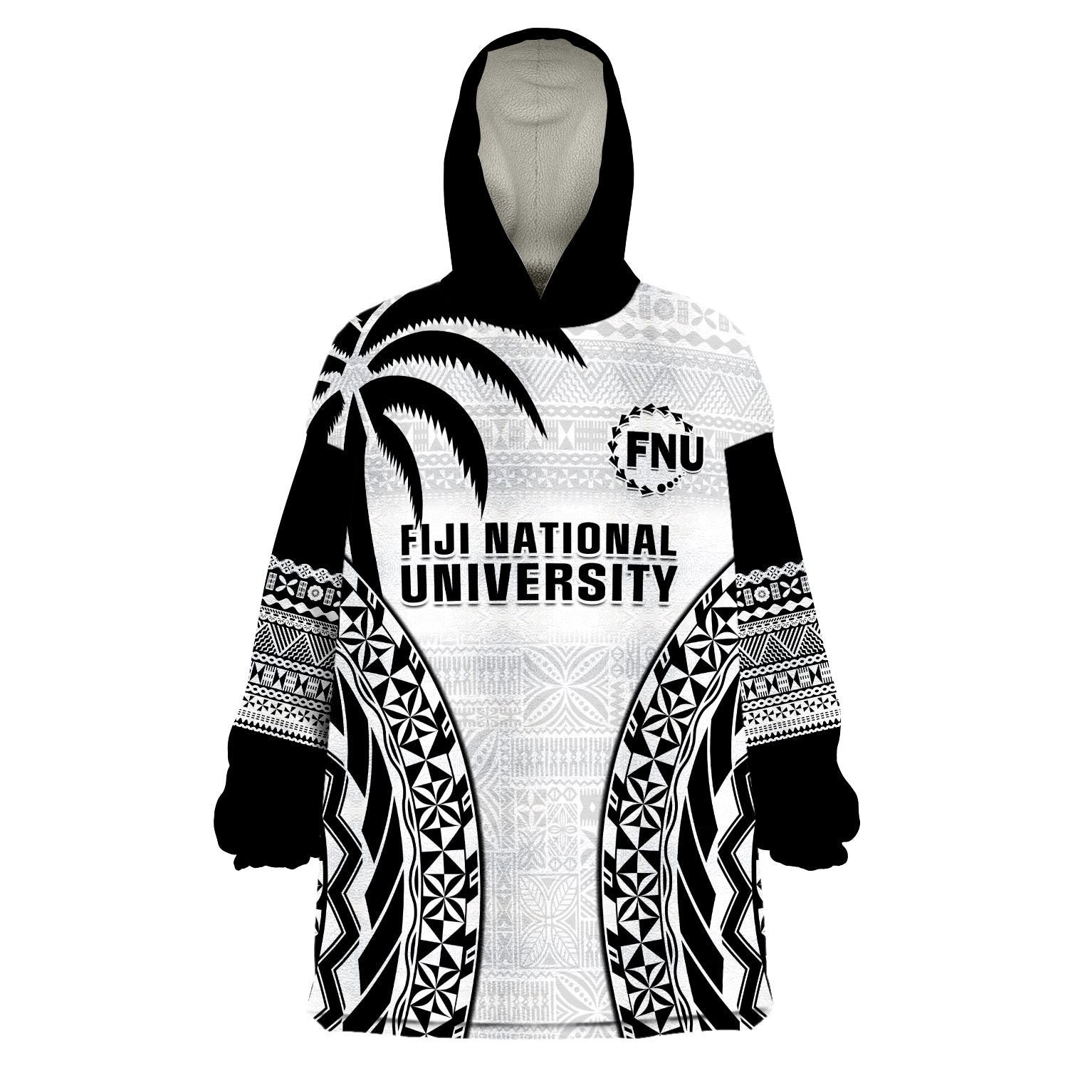 Fiji University Wearable Blanket Hoodie National Fijian Tapa Pattern White LT14 Unisex One Size - Polynesian Pride