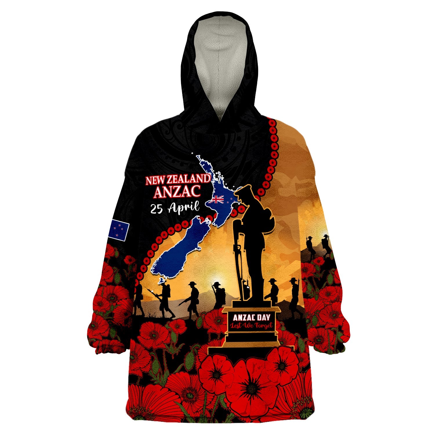 (Custom Personalised) New Zealand Anzac Wearable Blanket Hoodie Maori Camouflage Mix Poppies We Will Remember Them LT14 Unisex One Size - Polynesian Pride