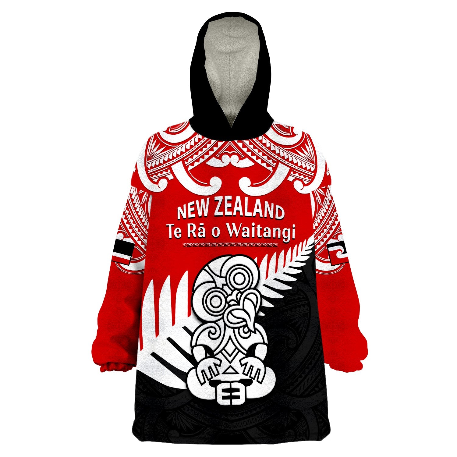 Waitangi Day Wearable Blanket Hoodie Tino Rangatiratanga Flag With Tiki Maori Fern LT14 Unisex One Size - Polynesian Pride