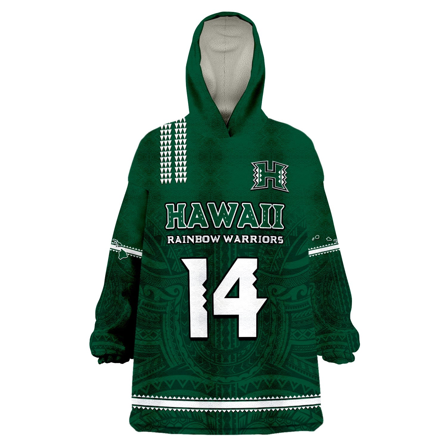 (Custom Text And Number) Hawaii Football Wearable Blanket Hoodie Kakau Rainbow Warriors Helmet Go Bows LT14 Unisex One Size - Polynesian Pride