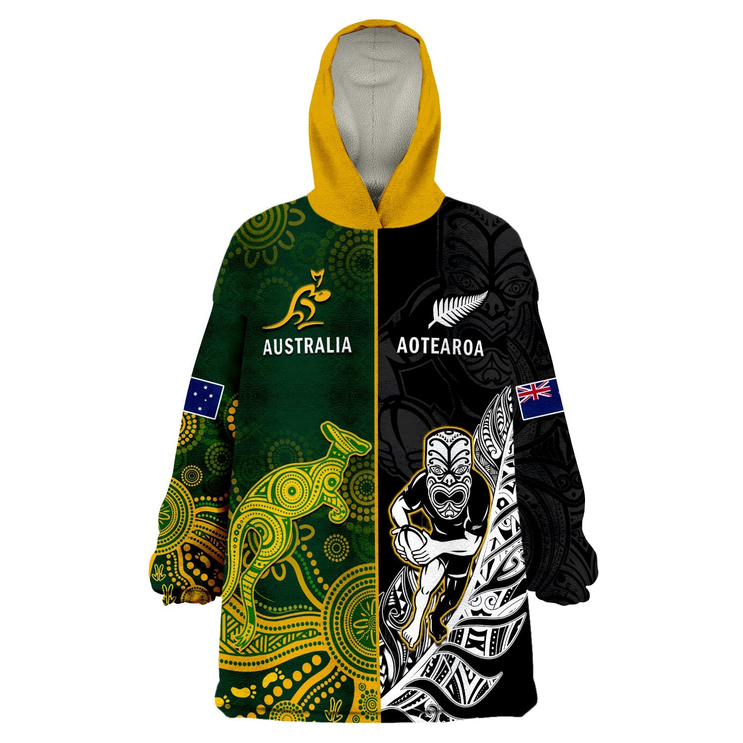 Australia Rugby Mix Aotearoa Rugby Wearable Blanket Hoodie Wallabies All Black Special Version LT14 Unisex One Size - Polynesian Pride