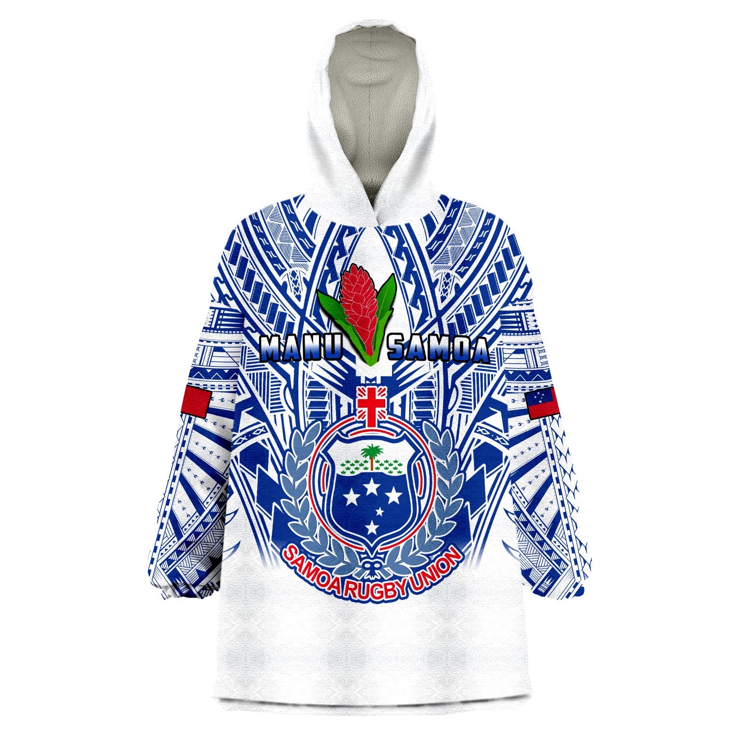 Samoa Rugby Wearable Blanket Hoodie Manu Samoa 7s Ginger White Polynesian LT14 Unisex One Size - Polynesian Pride