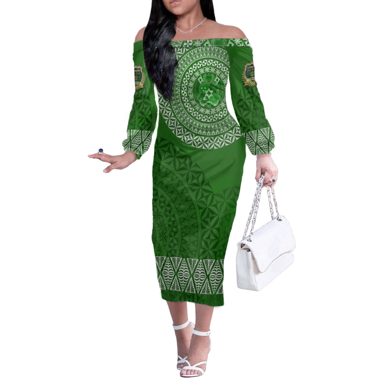 Saineha High School Tonga Off Shoulder Long Sleeves Dress Kupesi Style - Ver03 LT7 Women Green - Polynesian Pride