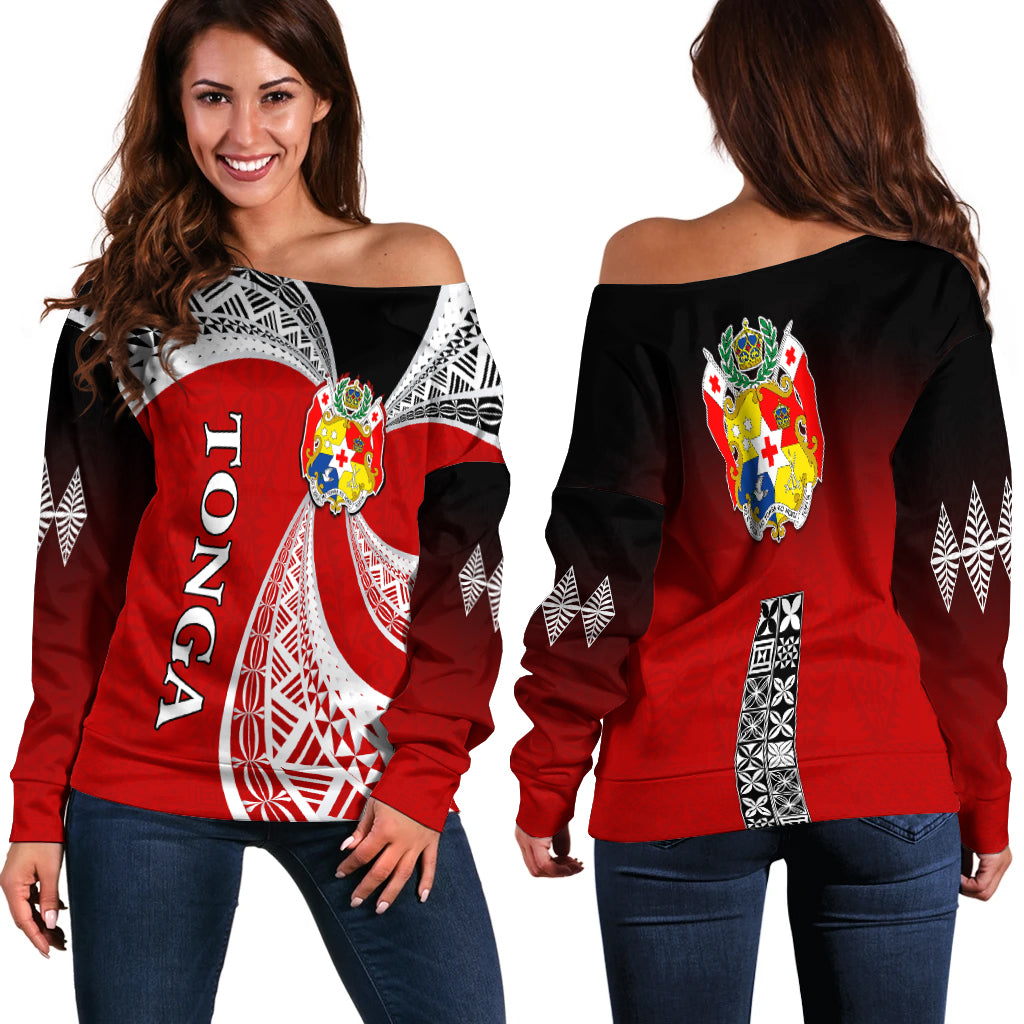 Tonga Distinctive Off Shoulder Sweater Tongan Tapa Pattern LT13 Red - Polynesian Pride