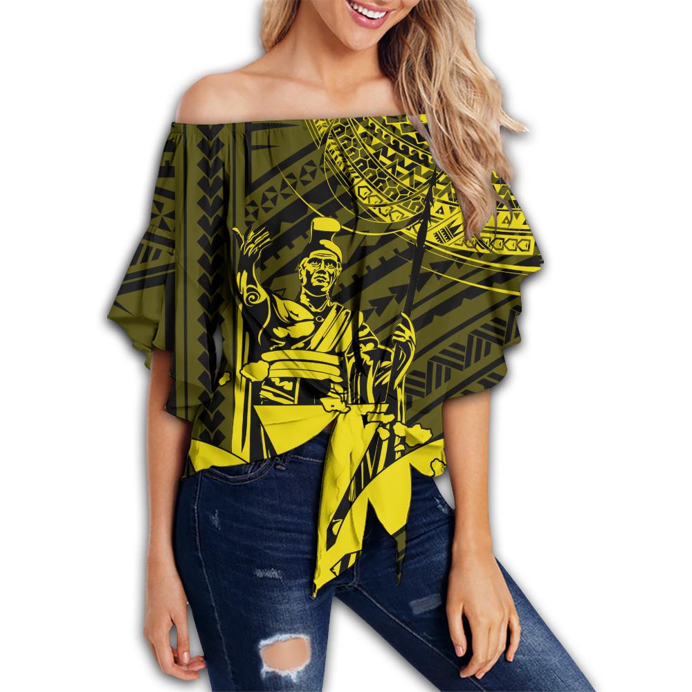 Hawaiian King Kanaka Map Polynesian Oahu Women's Off Shoulder Wrap Waist Top - Yellow - Hala Style - AH Female Yellow - Polynesian Pride