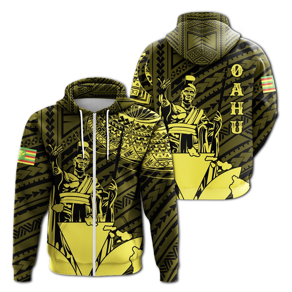 Hawaiian King Kanaka Map Polynesian Oahu Hoodie Zip Yellow Hala Style Unisex Yellow - Polynesian Pride