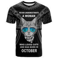 Polynesian T Shirt A Woman Who Loves Cats And Was Born In October Unisex Black - Polynesian Pride