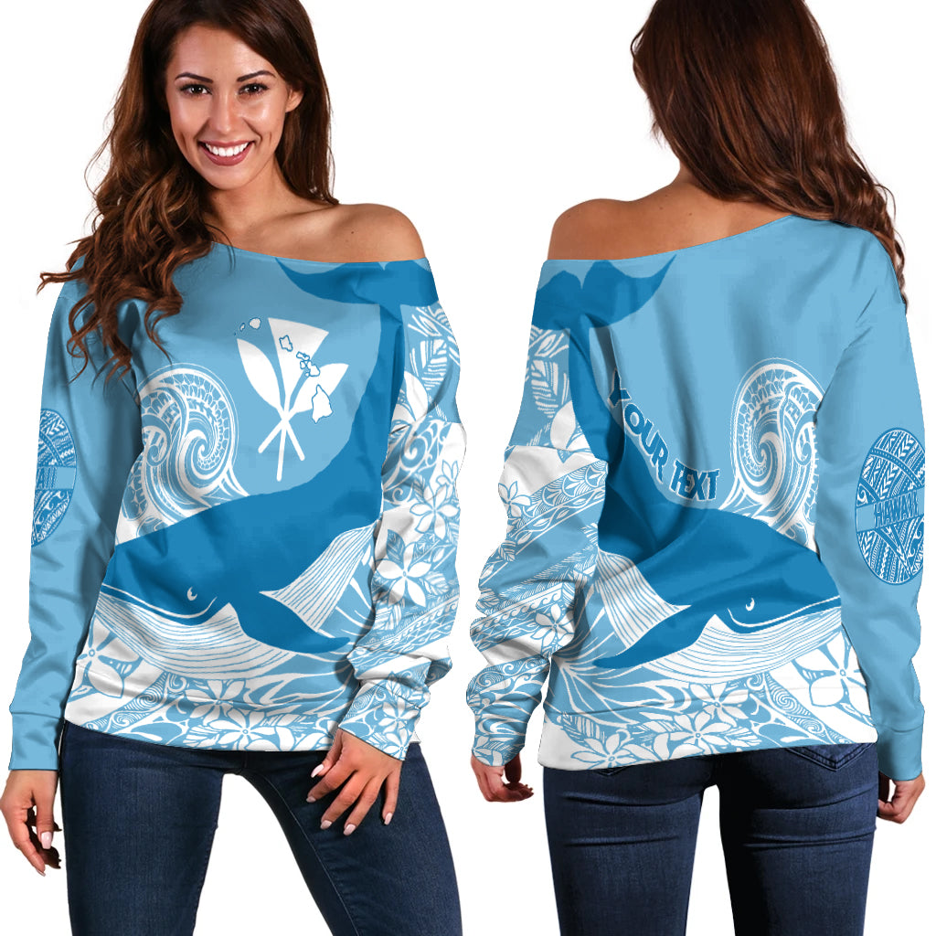 (Custom Personalized) Hawaii Kohol Humpback Whale Off Shoulder Sweater Cerulean LT7 - Polynesian Pride