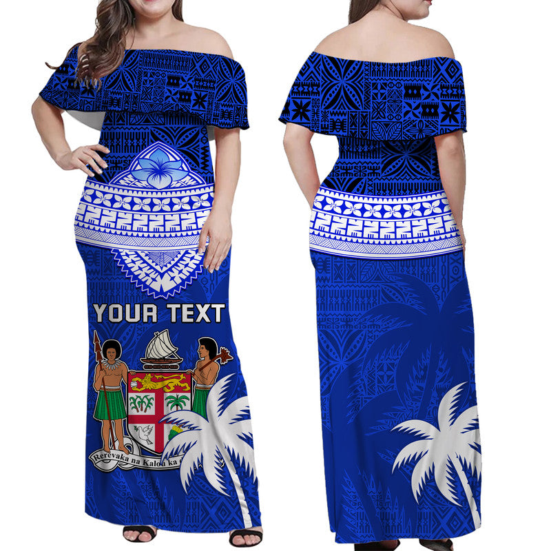 (Custom Personalised) Fiji Coat Of Arms Off Shoulder Long Dress Polynesian Tapa Palm Tree LT9 Women Blue - Polynesian Pride