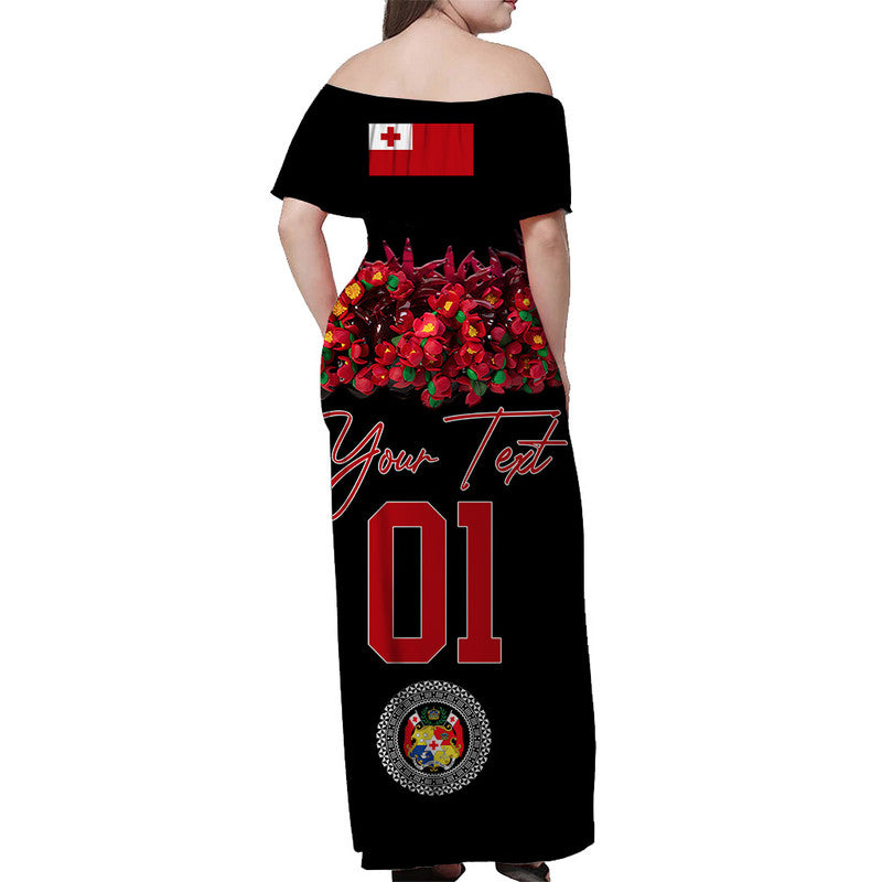 (Custom Personalised) Tonga Emancipation Day Off Shoulder Long Dress Independence Day - Unique Kahoa Heilala Flower - Black LT8 - Polynesian Pride
