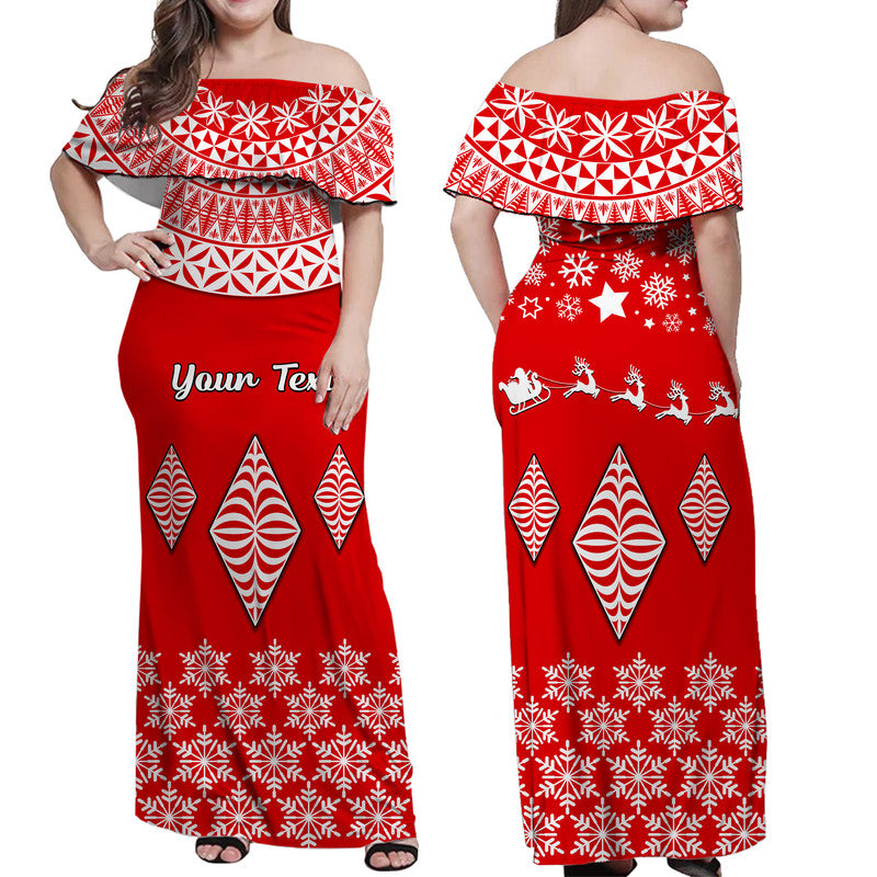 (Custom Personalised) Tonga Kupesi Ngatu Merry Christmas Women Off Shoulder Long Dress LT9 Women Red - Polynesian Pride