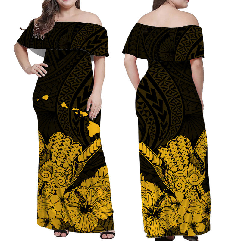 Hawaii Shaka Sign Off Shoulder Long Dress Gold Version LT9 - Polynesian Pride
