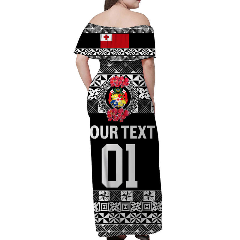 (Custom Personalised) Tonga Emancipation Day Off Shoulder Long Dress Independence Day - Simple Ngatu Heilala Flower - Black LT8 - Polynesian Pride