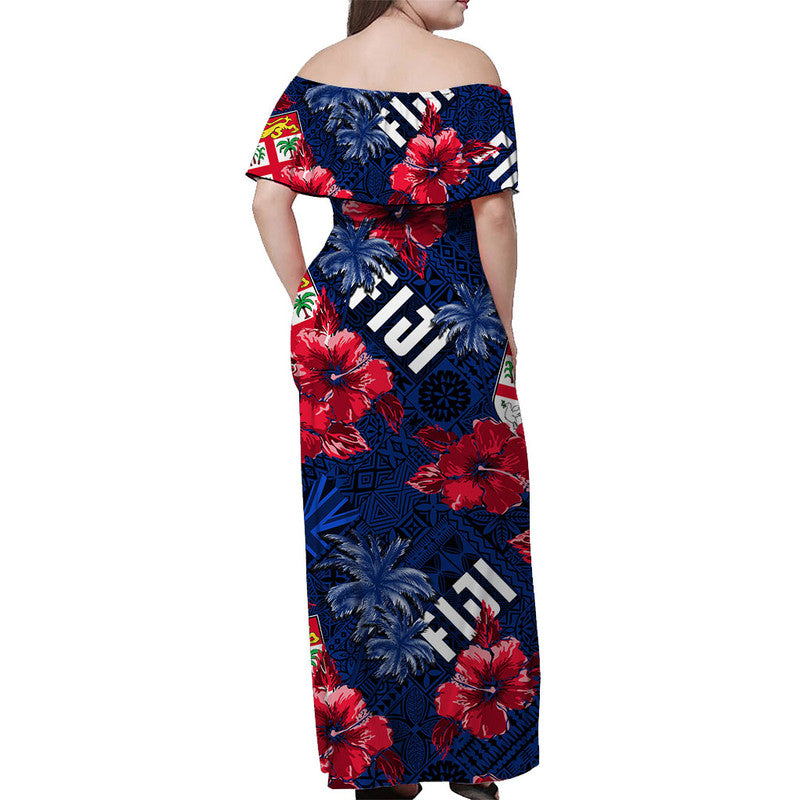 Fiji Hibiscus Off Shoulder Long Dress Hawaii Style No.2 LT6 Women Blue - Polynesian Pride