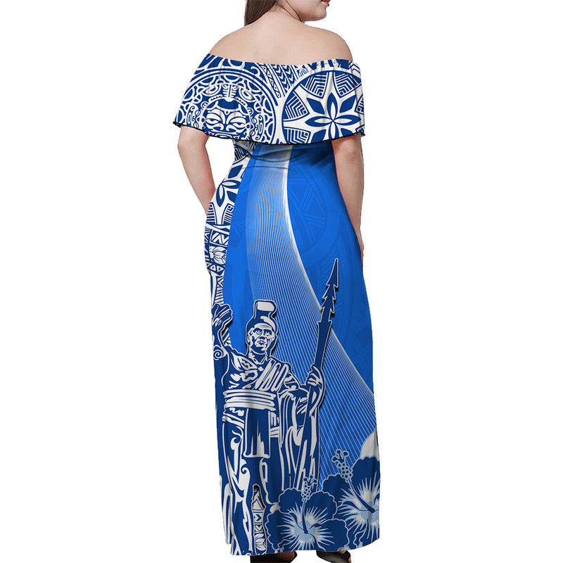 Hawaiian King Kamehameha Off Shoulder Long Dress Vibe Blue Style LT6 - Polynesian Pride