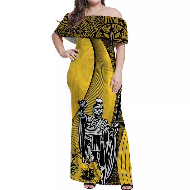 Hawaiian King Kamehameha Off Shoulder Long Dress Vibe Yellow Style LT6 Women Yellow - Polynesian Pride