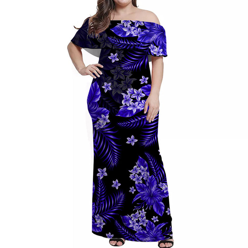 Hawaii Summer Colorful Off Shoulder Long Dress Dark Blue LT6 Women Blue - Polynesian Pride