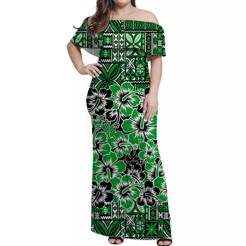 Fiji Hibiscus Festival Off Shoulder Long Dress Green LT6 Women Green - Polynesian Pride