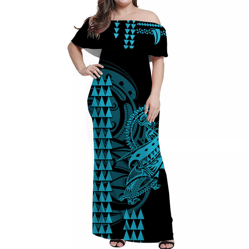 Hawaii Polynesian Warrior Kakau Off Shoulder Long Dress-Blue LT6 Women Blue - Polynesian Pride