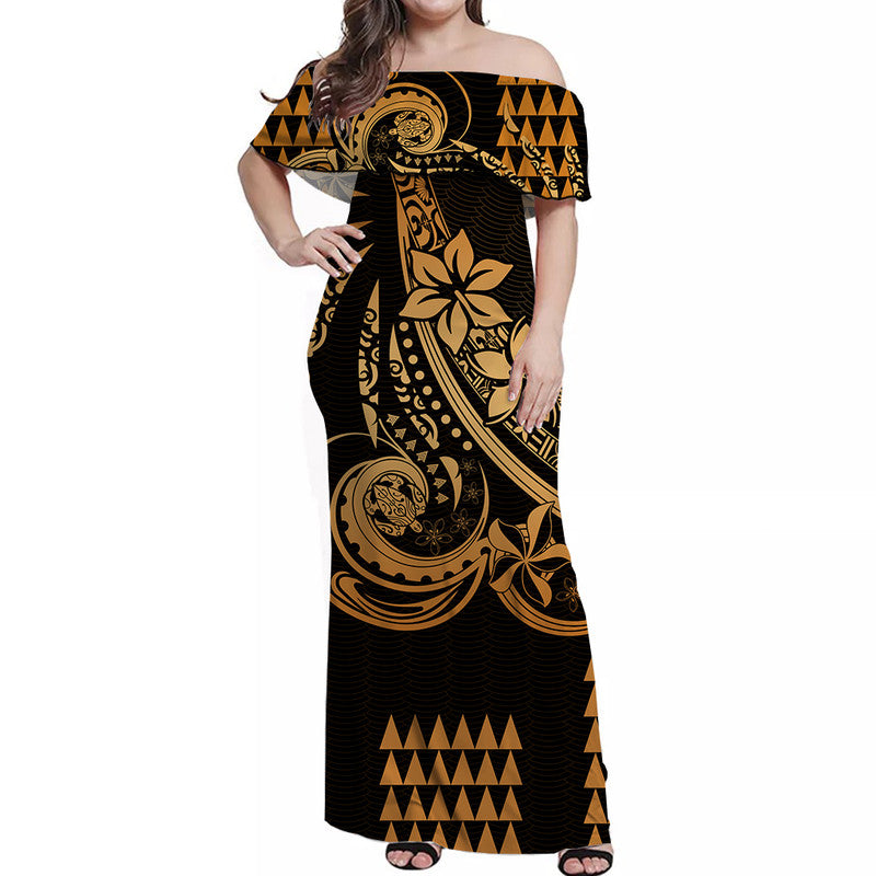 Kakau Hawaiian Polynesian Off Shoulder Long Dress Gold LT6 Women Gold - Polynesian Pride