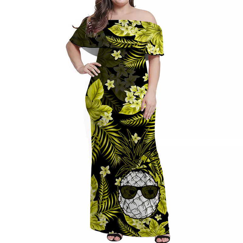 Hawaii Summer Colorful Off Shoulder Long Dress Pineapple Yellow LT6 Women Yellow - Polynesian Pride