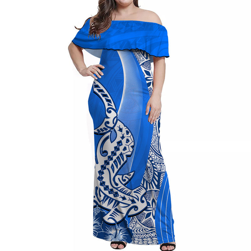 Hawaiian Shark Polynesian Off Shoulder Long Dress Vibe Blue Style LT6 Women Blue - Polynesian Pride