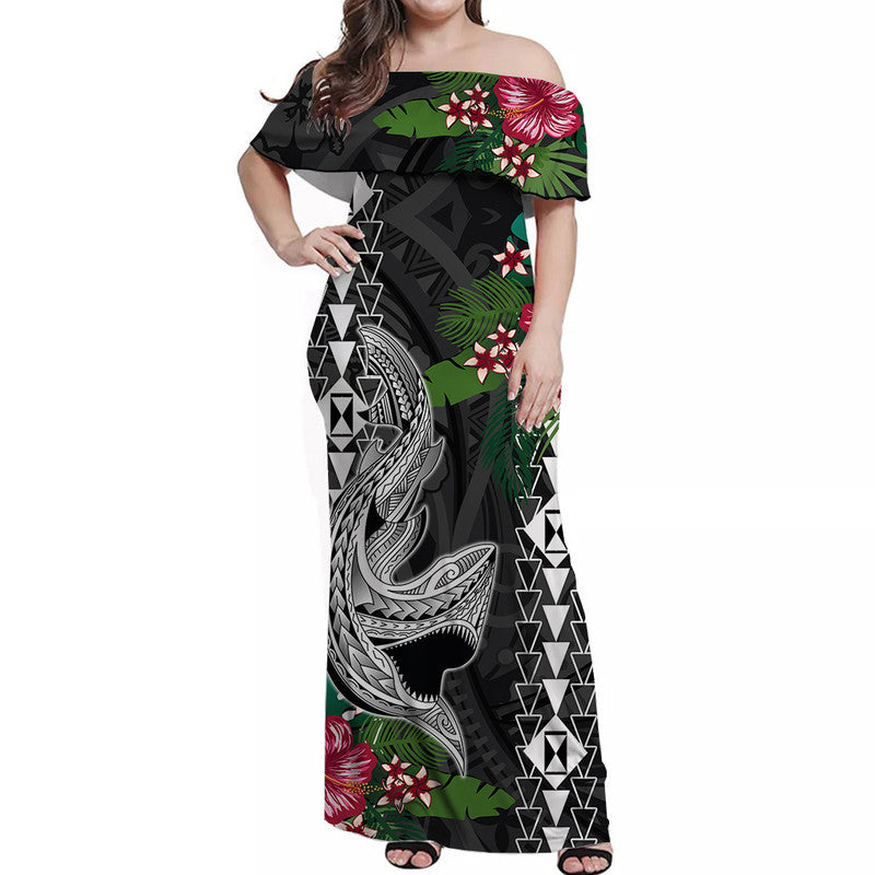 Hawaii Kakau Off Shoulder Long Dress Mix Sharks Polynesian Hibiscus LT6 Women Black - Polynesian Pride