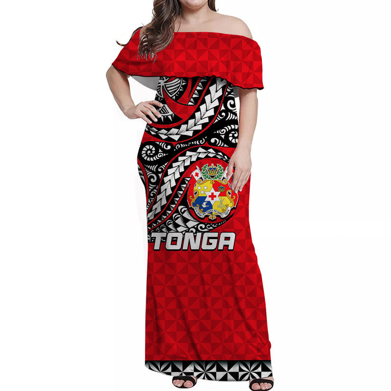 Tonga Off Shoulder Long Dress Polynesian Tattoo LT6 Women Red - Polynesian Pride