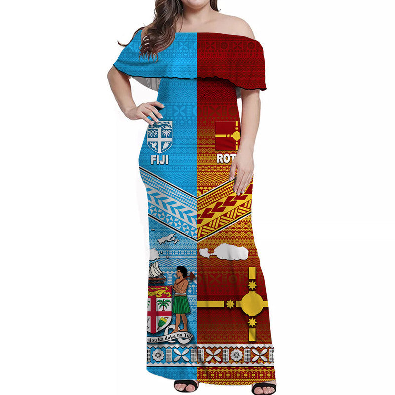 Fiji And Rotuma Tapa Pattern Off Shoulder Long Dress Together LT8 Women Blue - Polynesian Pride