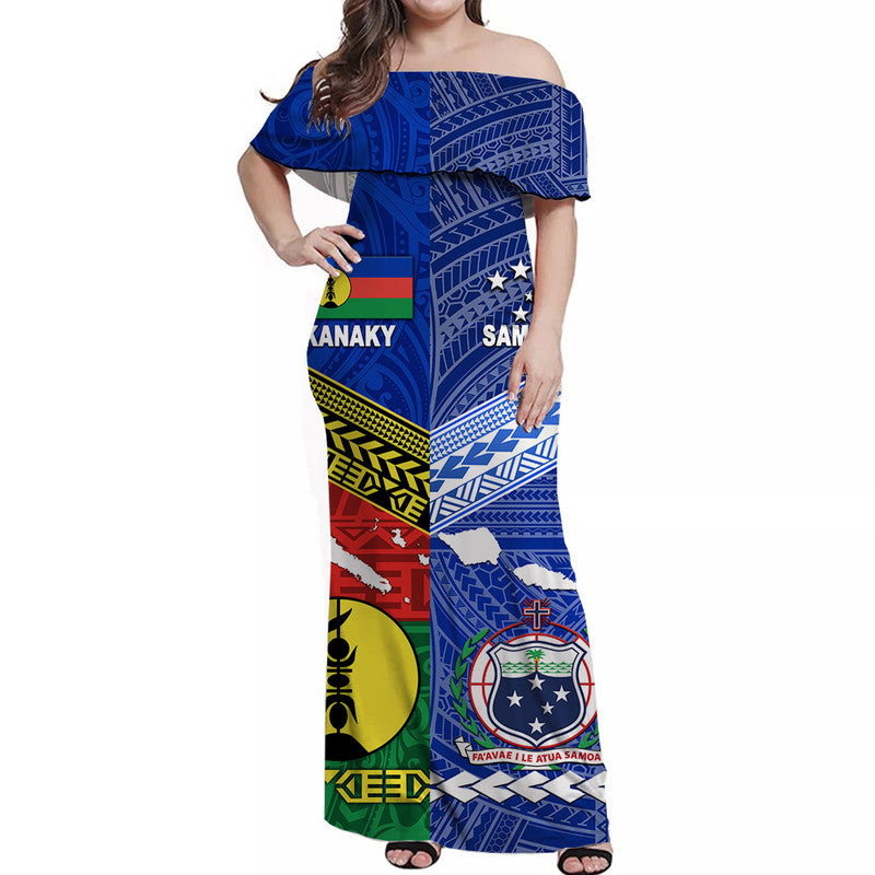 (Custom Personalised) Samoa And Kanaky New Caledonia Off Shoulder Long Dress Together LT8 Women Blue - Polynesian Pride