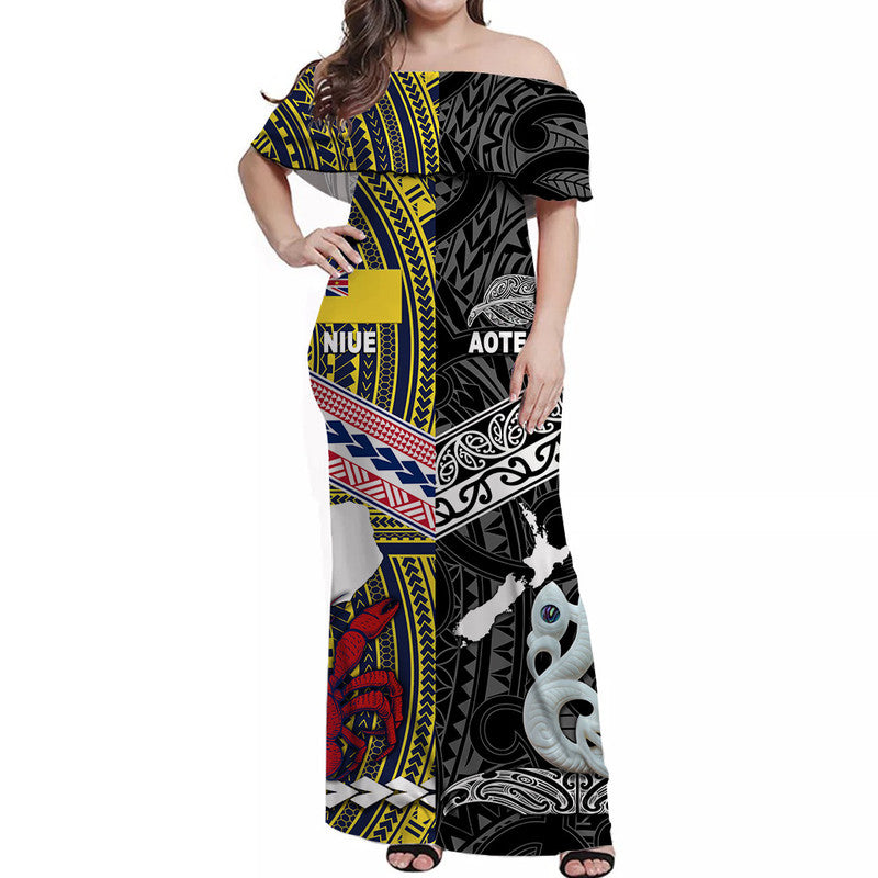 New Zealand And Niue Off Shoulder Long Dress Together - Black LT8 Women Black - Polynesian Pride