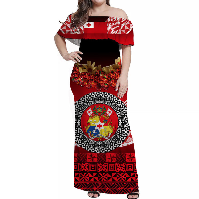 (Custom Personalised) Tonga Emancipation Day Off Shoulder Long Dress Independence Day - Fancy Kahoa Heilala Flower - Gradient LT8 Women Black - Polynesian Pride