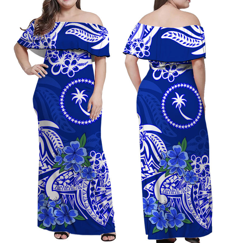 FSM Chuuk State Off Shoulder Long Dress Polynesian Floral Tribal LT9 Women Blue - Polynesian Pride