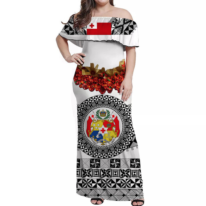 (Custom Personalised) Tonga Emancipation Day Off Shoulder Long Dress Independence Day - Fancy Kahoa Heilala Flower - White Black LT8 Women White - Polynesian Pride