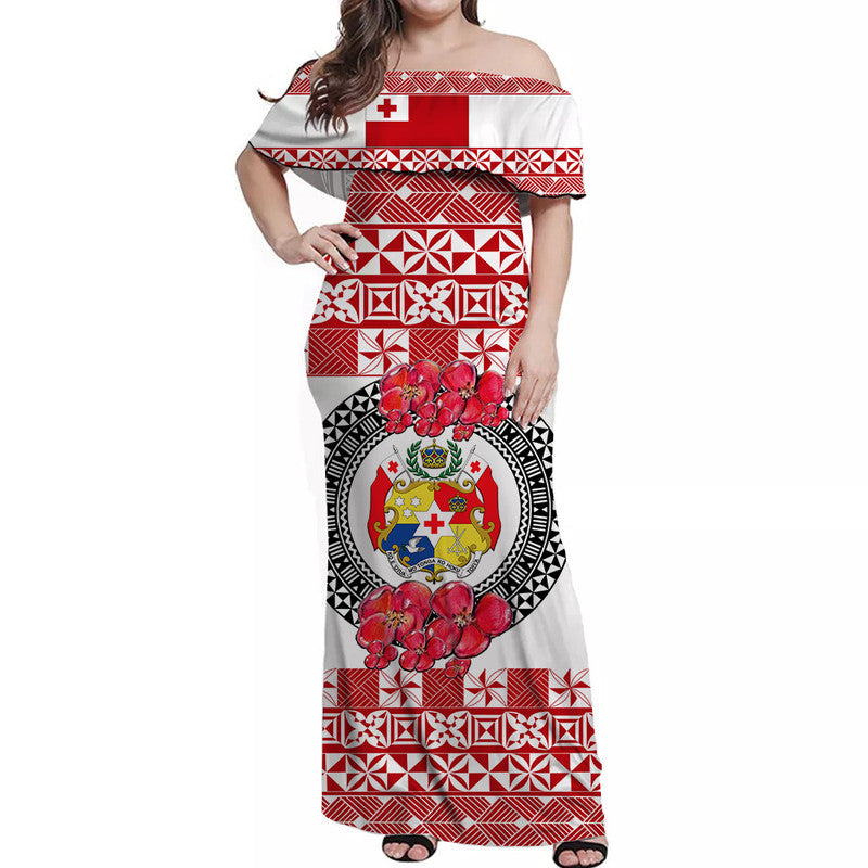 (Custom Personalised) Tonga Emancipation Day Off Shoulder Long Dress Independence Day - Simple Ngatu Heilala Flower - White Red LT8 Women Red - Polynesian Pride