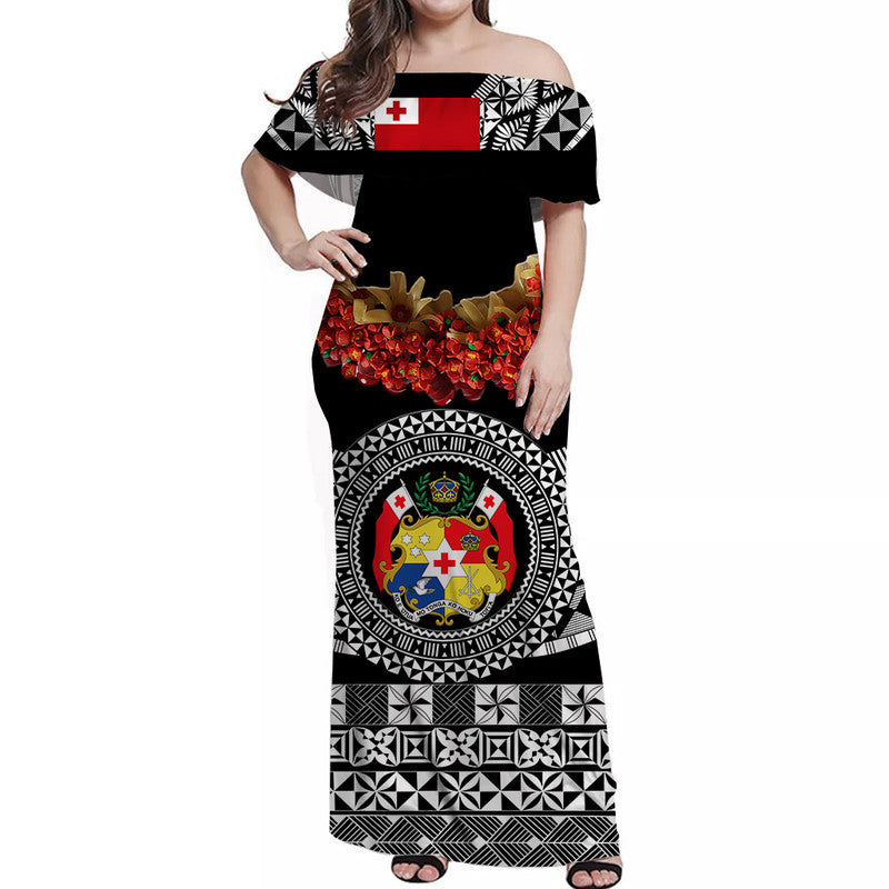 (Custom Personalised) Tonga Emancipation Day Off Shoulder Long Dress Independence Day - Fancy Kahoa Heilala Flower - Black LT8 Women Black - Polynesian Pride