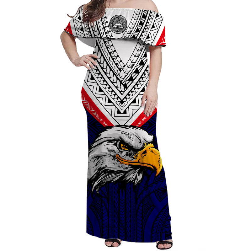 American Samoa Women Off Shoulder Long Dress Bald Eagle with Polynesian Pattern LT9 Women Blue - Polynesian Pride