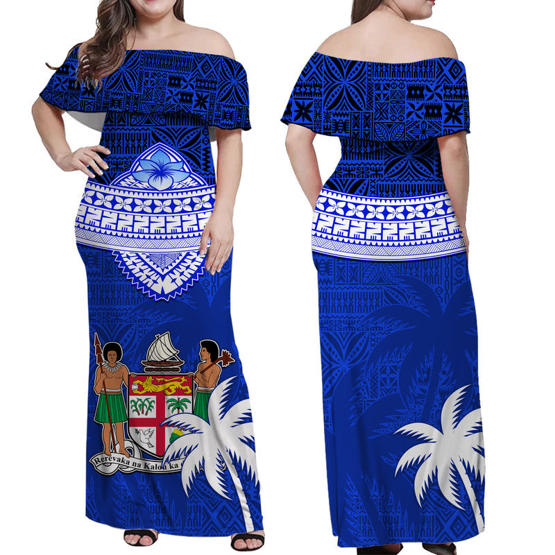 Fiji Coat Of Arms Off Shoulder Long Dress Polynesian Tapa Palm Tree LT9 Women Blue - Polynesian Pride