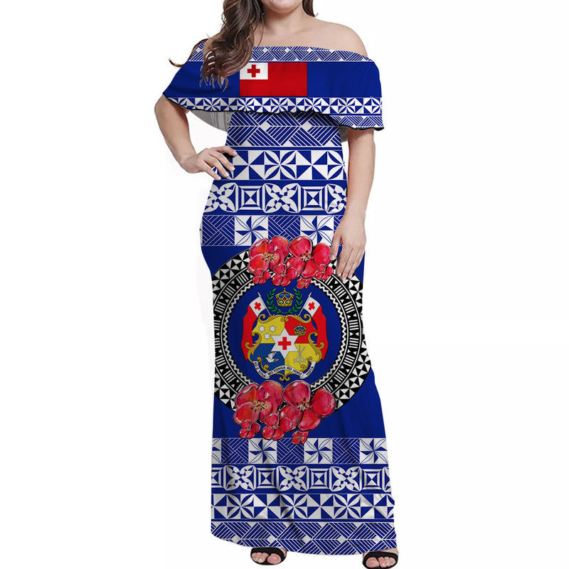 (Custom Personalised) Tonga Emancipation Day Off Shoulder Long Dress Independence Day - Simple Ngatu Heilala Flower - Blue LT8 Women Blue - Polynesian Pride