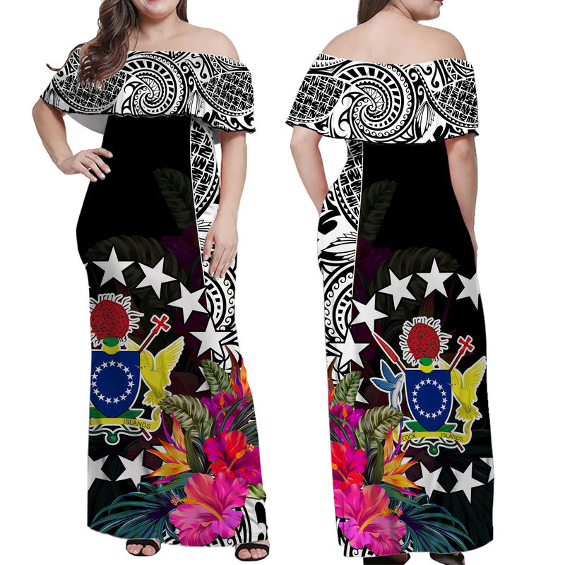 Cook Island Off Shoulder Long Dress Tribal Polynesian and Tropical Flowers LT9 Women Green - Polynesian Pride