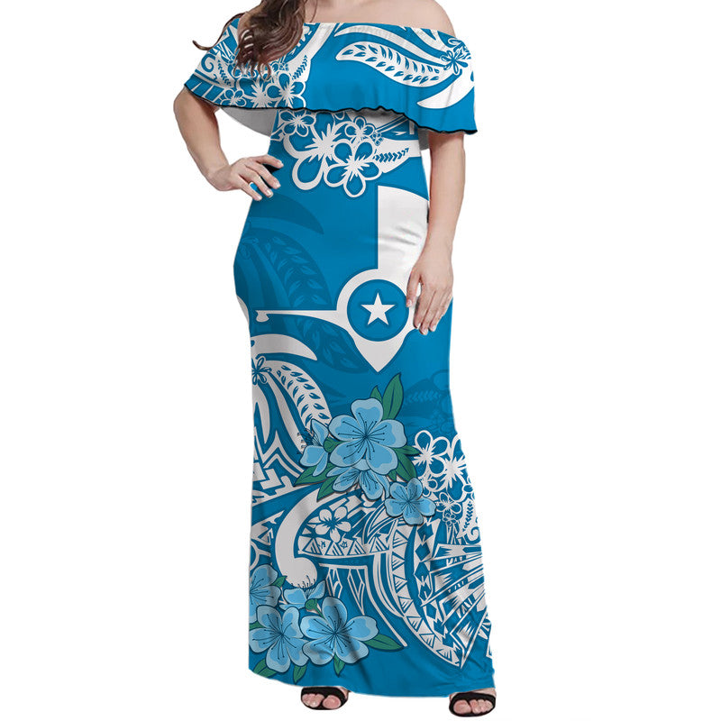 FSM Yap State Off Shoulder Long Dress Polynesian Floral Tribal LT9 Women Blue - Polynesian Pride